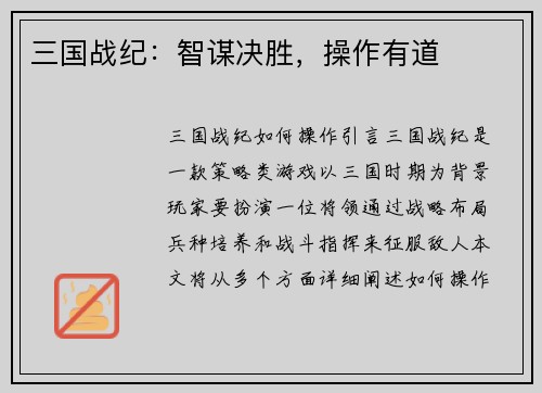 三国战纪：智谋决胜，操作有道